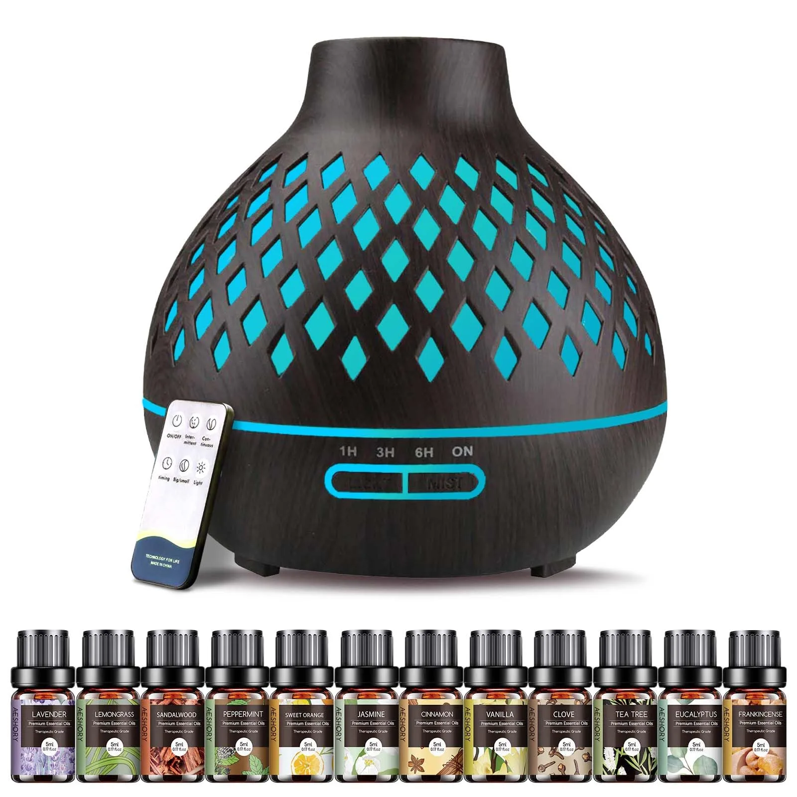 Aromadifuzér Aeshory 550 ml čierny + 12×5 ml esenciálnych olejov