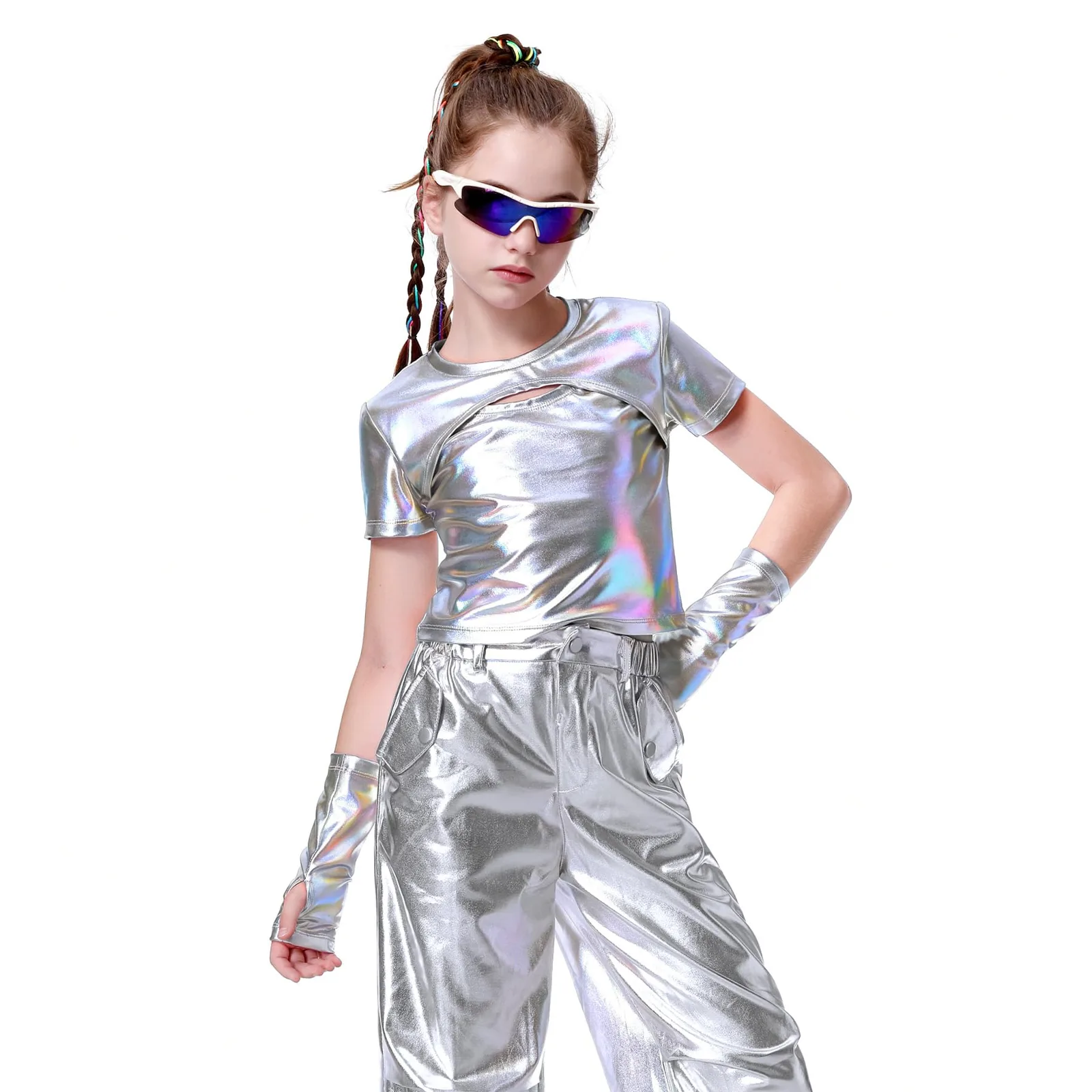 Dievčenský tanečný crop top LOLANTA s návlekmi strieborný 8–9 rokov