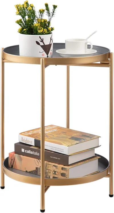 Kovový stolík HollyHOME sivo-zlatý Ø37 cm výška 48,5 cm spLc46mIl22