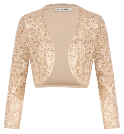 Dámske flitrované bolero GRACE KARIN marhuľové XL 3/4 rukáv
