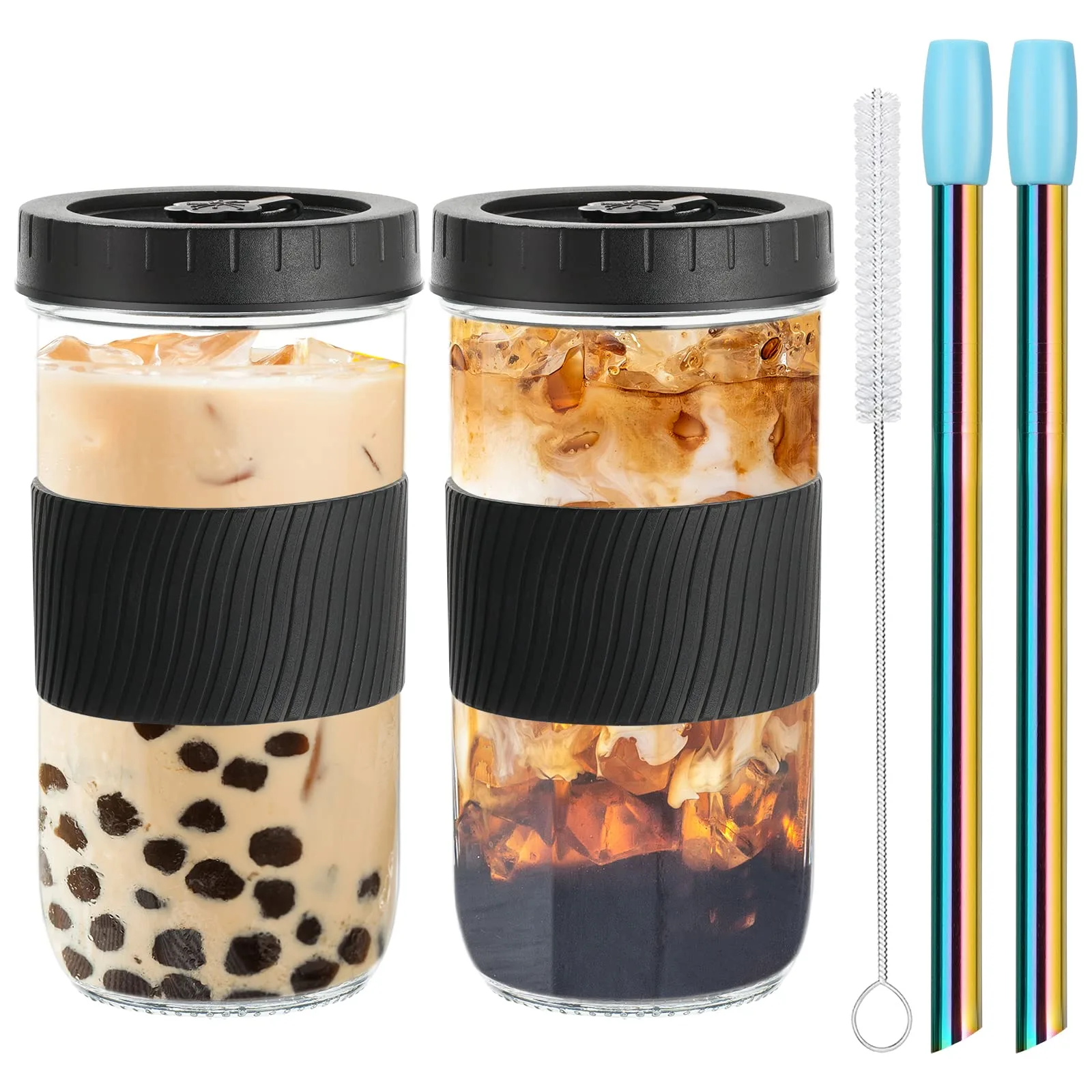 Sklenené poháre na bubble tea RHtvrll 710 ml 2 ks s viečkami a slamkami