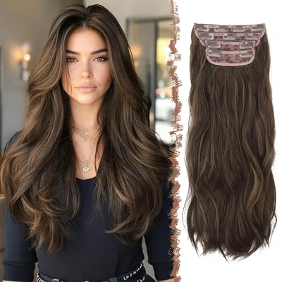 Syntetické vlnité vlasy clip-in FESHFEN 60 cm hnedé s melírom 4 ks