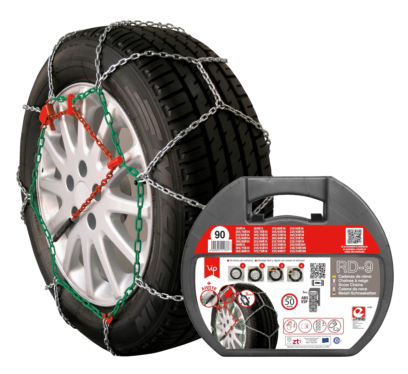 Snehové reťaze RD-9 90 9 mm 2 ks s rukavicami